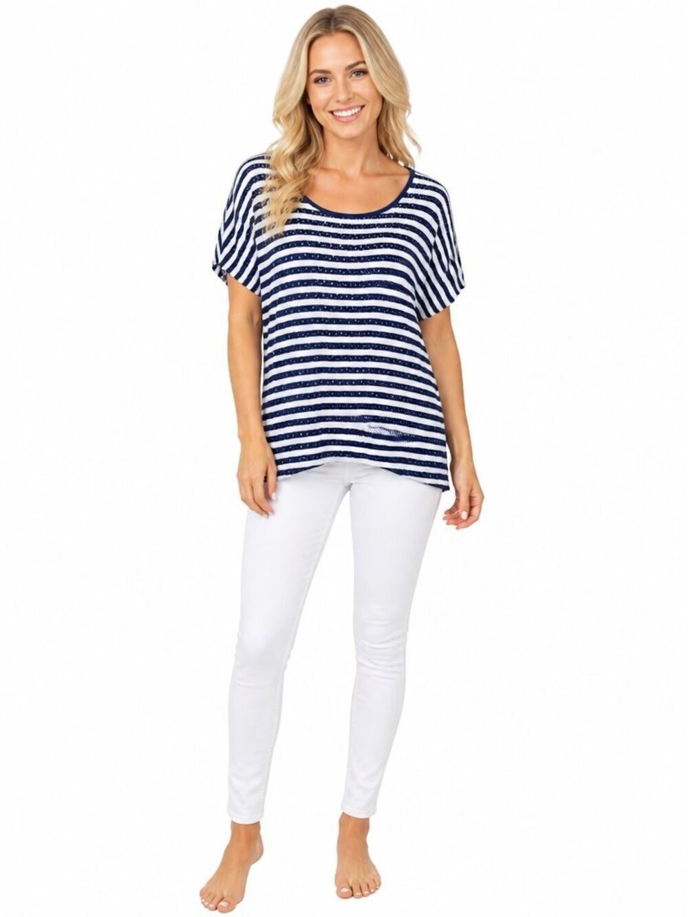 Liz Claiborne Navy & White Striped Sparkle Top XL – Short Sleeve Crew Neck